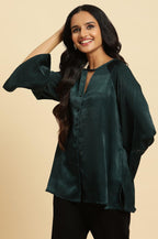W for Woman Green Neck Cutout Embellished Shirt | Grocsy