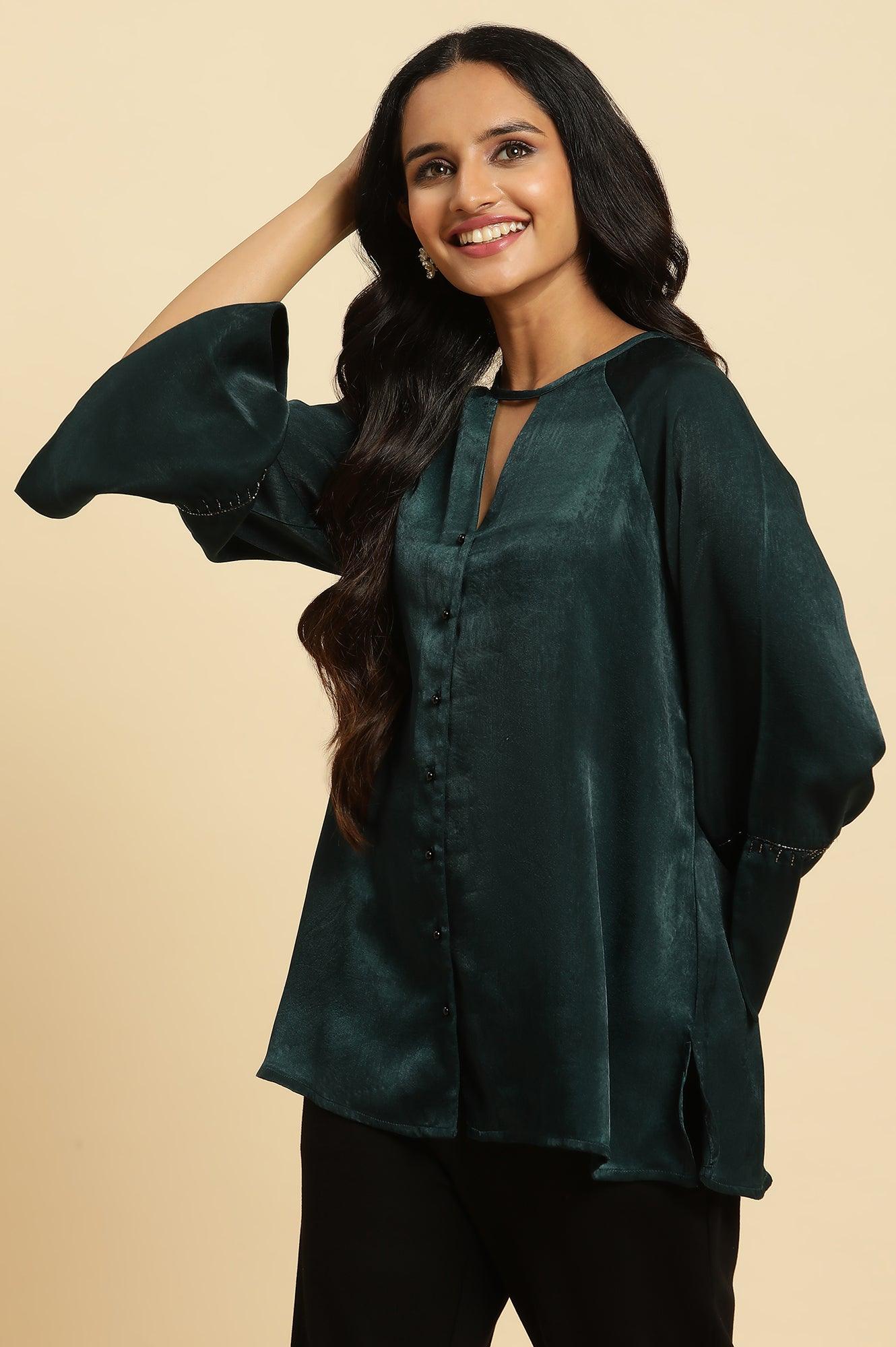 W for Woman Green Neck Cutout Embellished Shirt | Grocsy