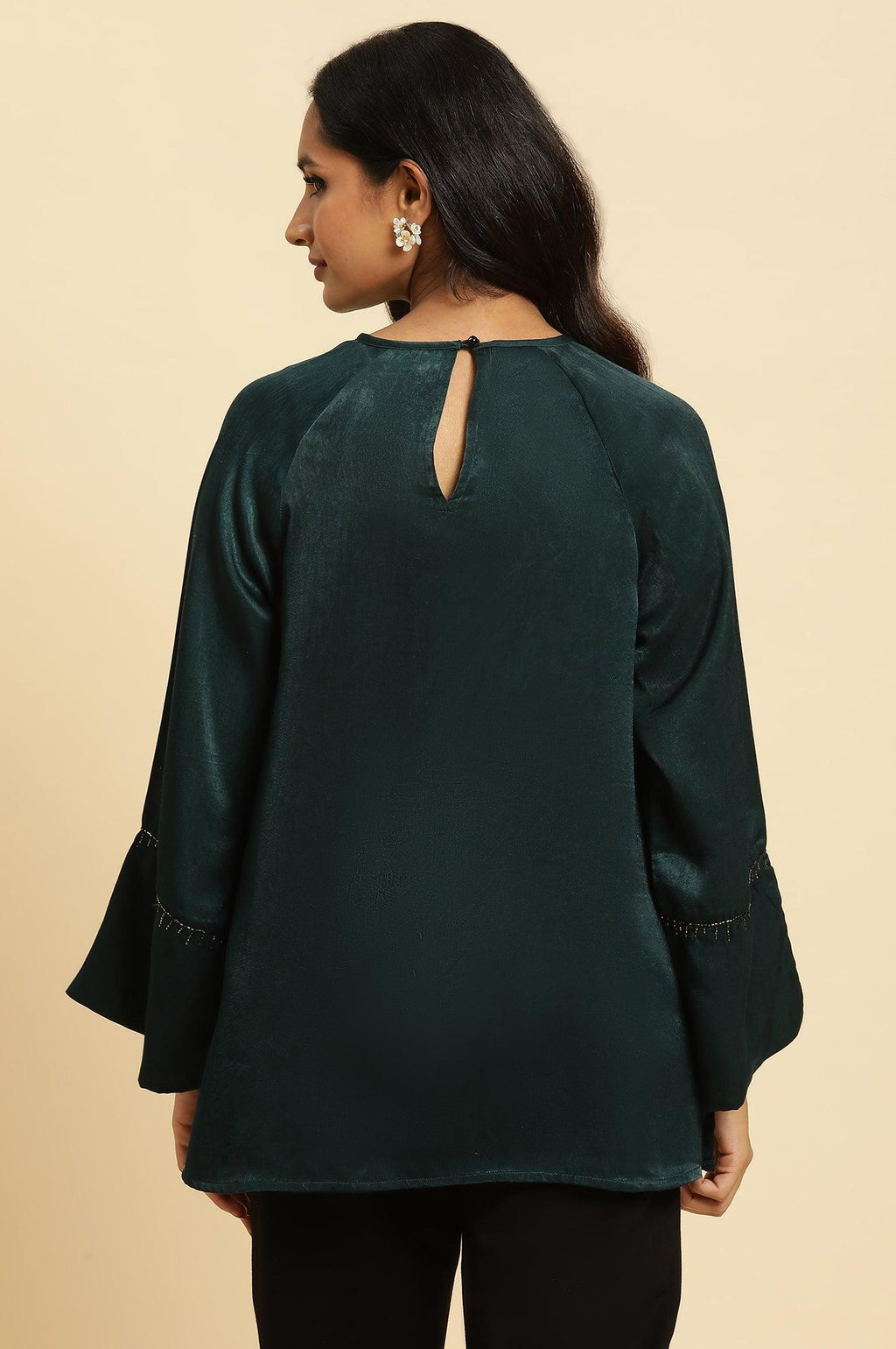 W for Woman Green Neck Cutout Embellished Shirt | Grocsy