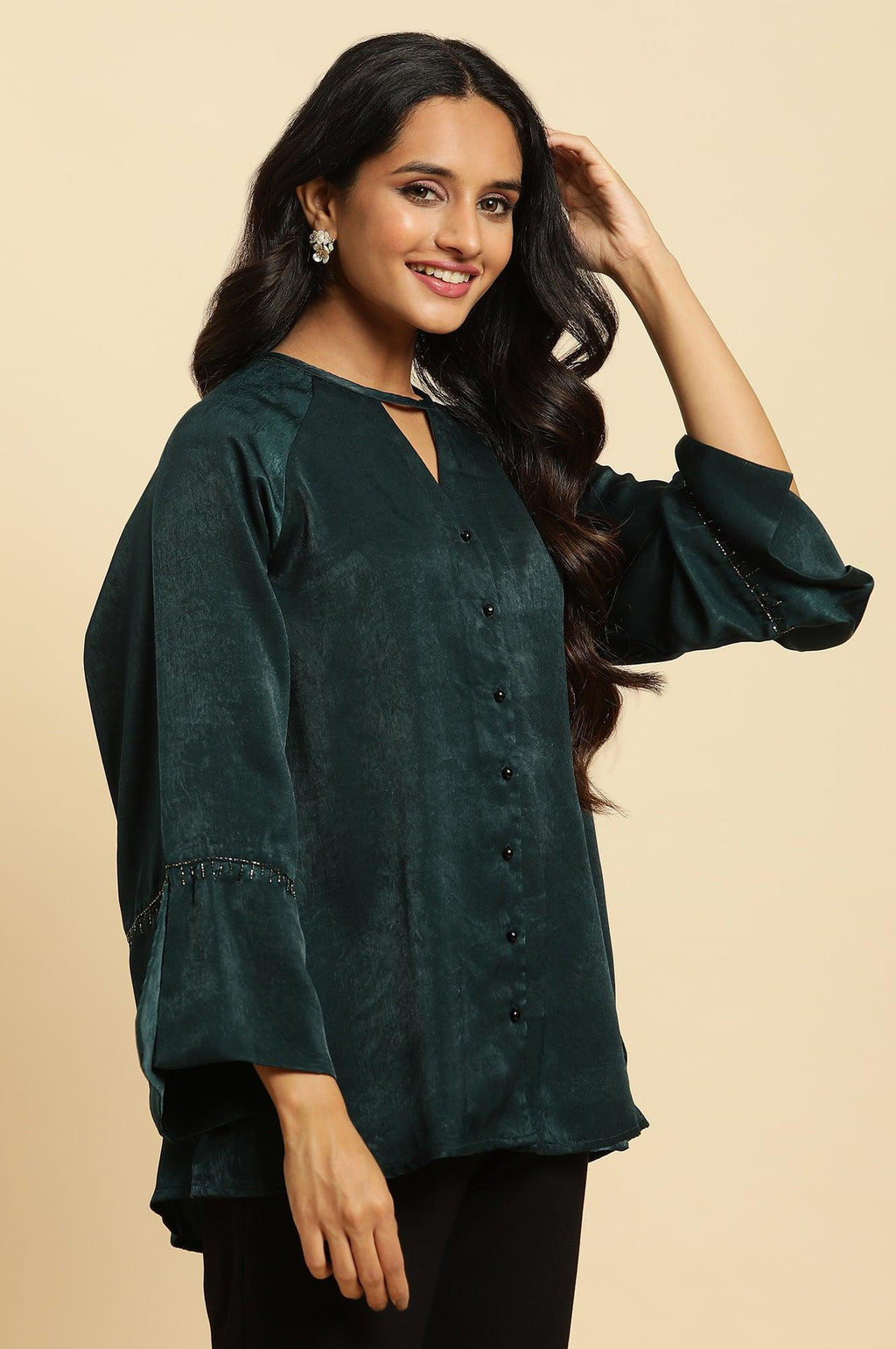 W for Woman Green Neck Cutout Embellished Shirt | Grocsy