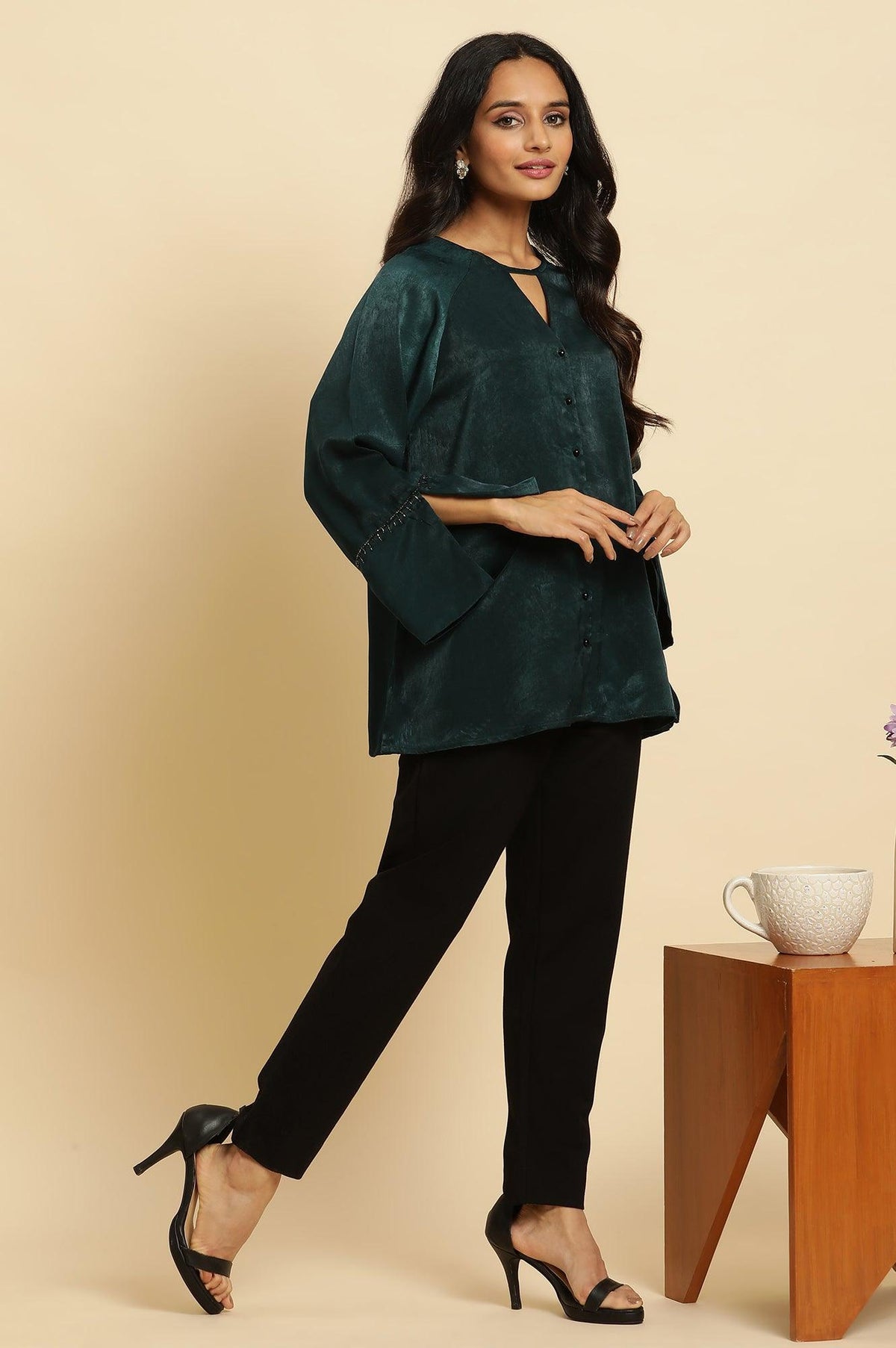 W for Woman Green Neck Cutout Embellished Shirt | Grocsy