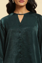 W for Woman Green Neck Cutout Embellished Shirt | Grocsy
