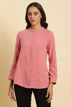 W for Woman Pink Mandarin Collar Western Straight Top | Grocsy