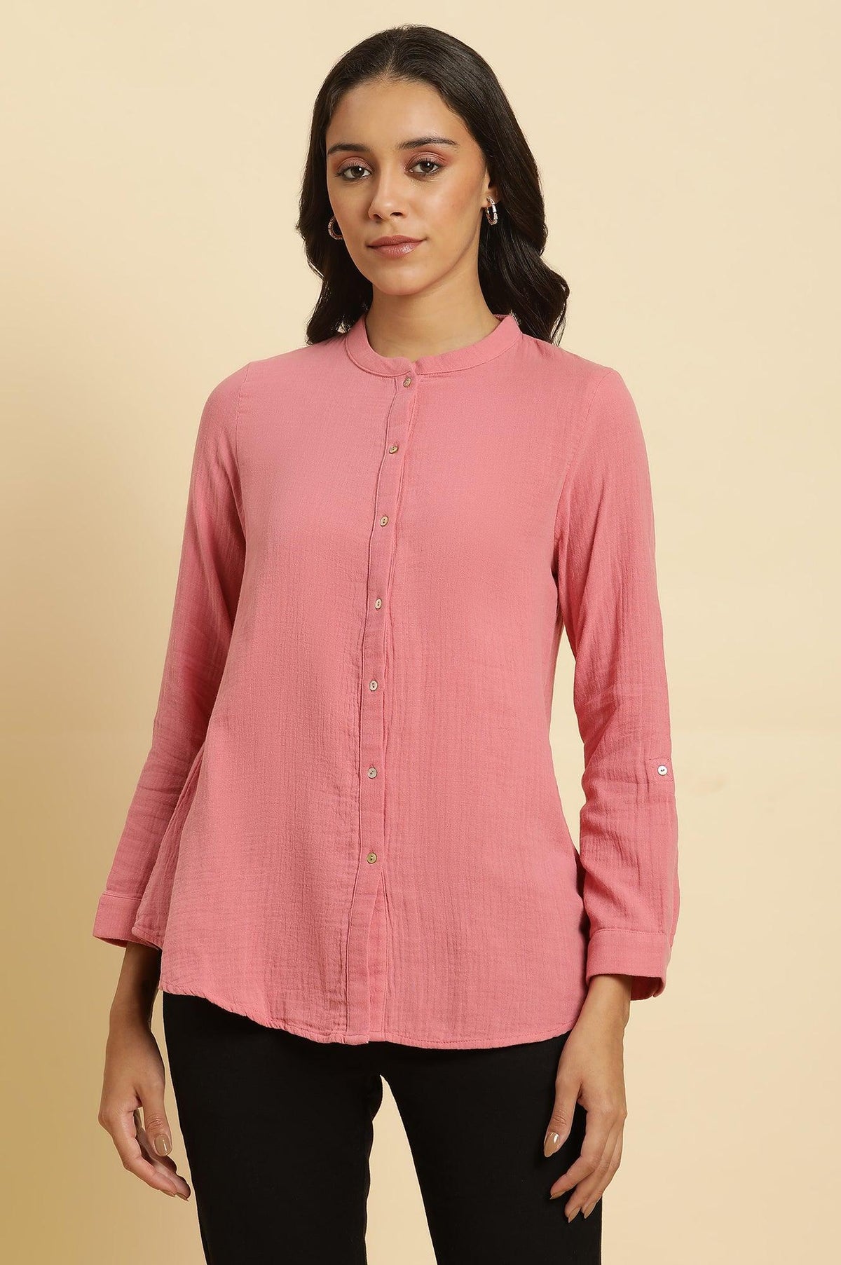 W for Woman Pink Mandarin Collar Western Straight Top | Grocsy