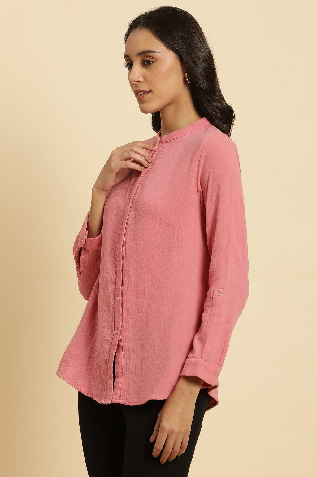 W for Woman Pink Mandarin Collar Western Straight Top | Grocsy