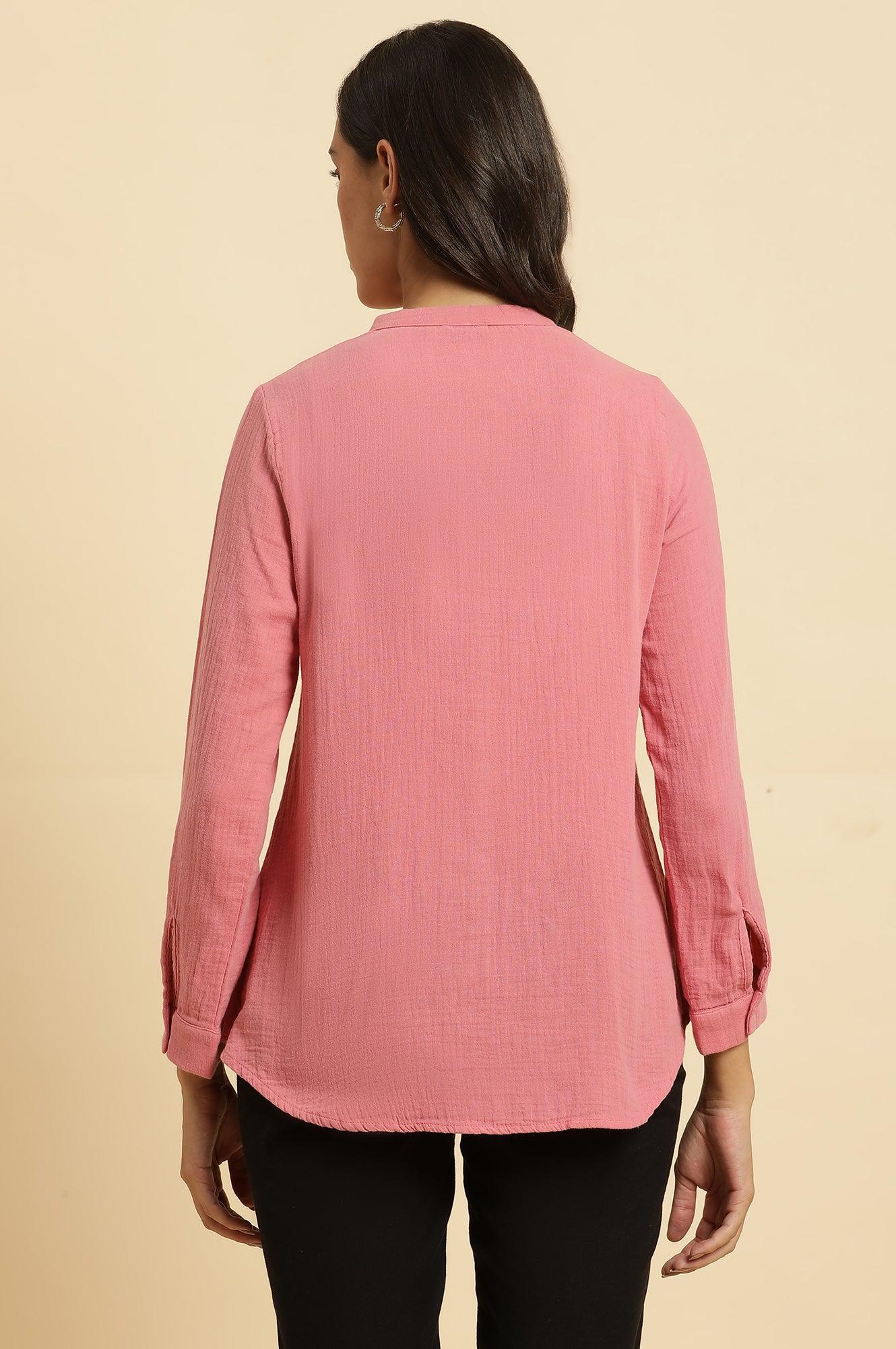 W for Woman Pink Mandarin Collar Western Straight Top | Grocsy