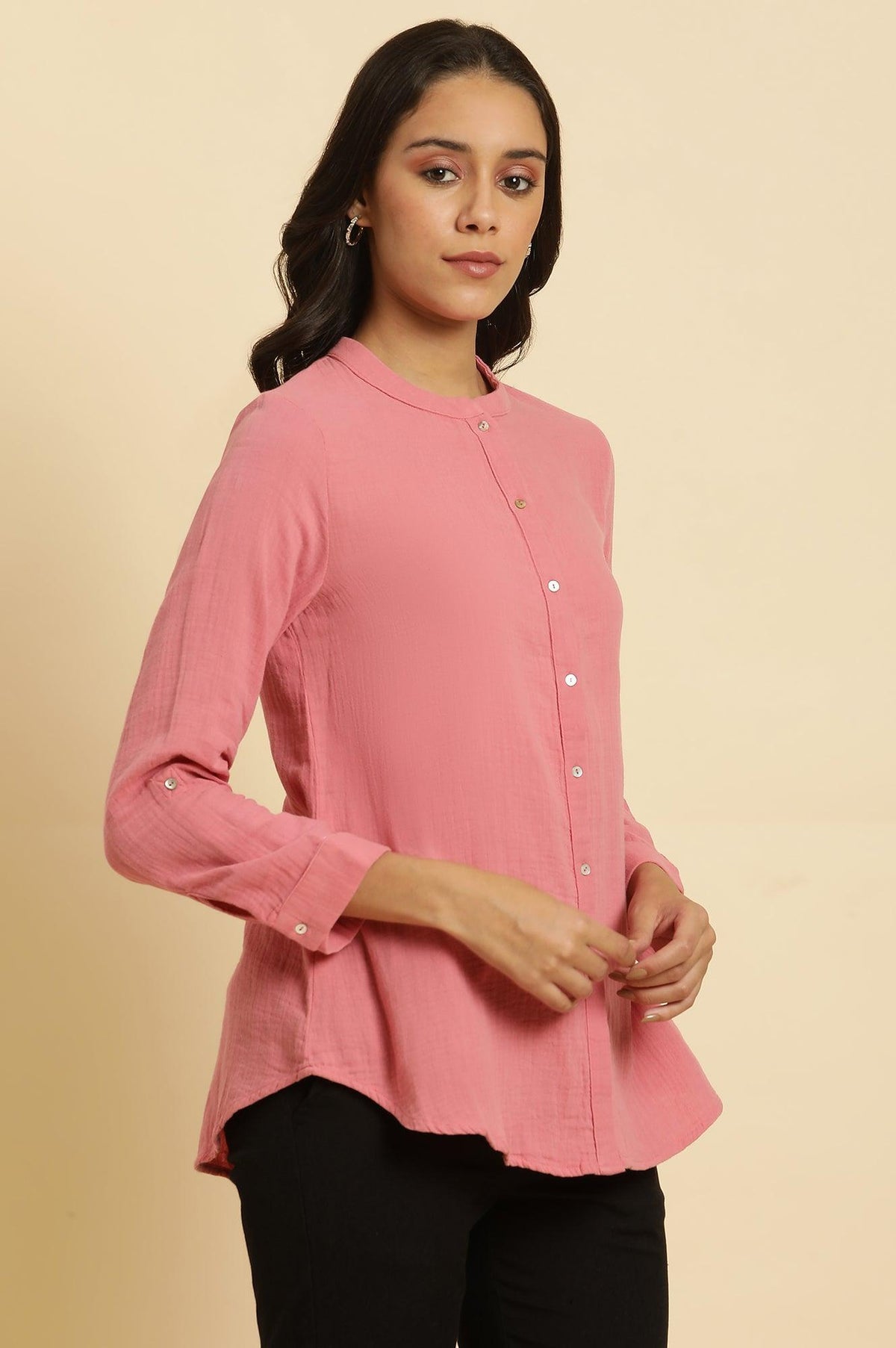 W for Woman Pink Mandarin Collar Western Straight Top | Grocsy