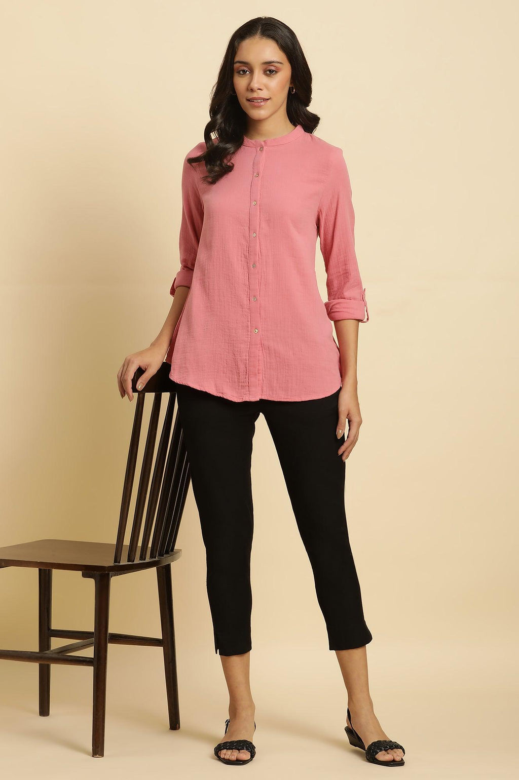 W for Woman Pink Mandarin Collar Western Straight Top | Grocsy