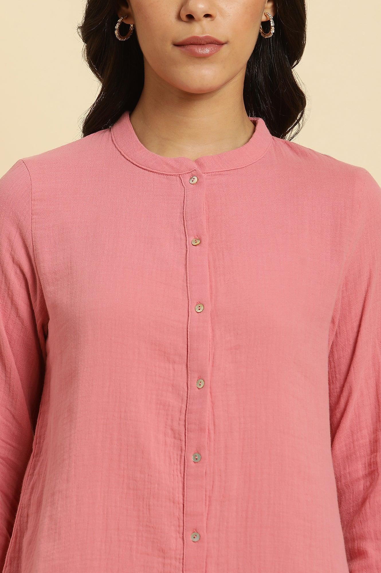 W for Woman Pink Mandarin Collar Western Straight Top | Grocsy