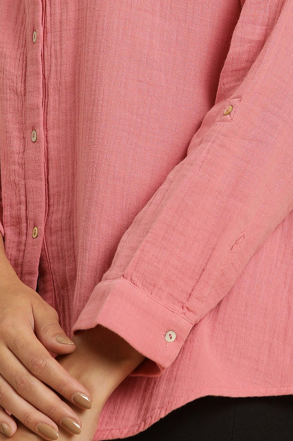 W for Woman Pink Mandarin Collar Western Straight Top | Grocsy