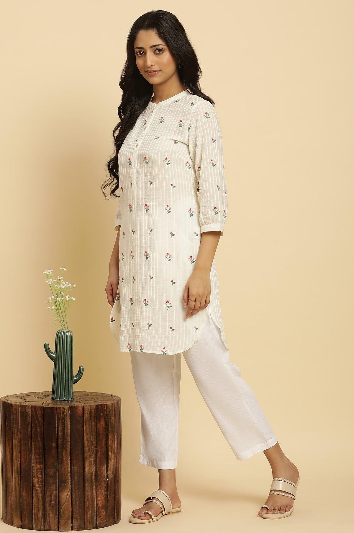 W for Woman White Embroidered Contemporary Tunic | Grocsy