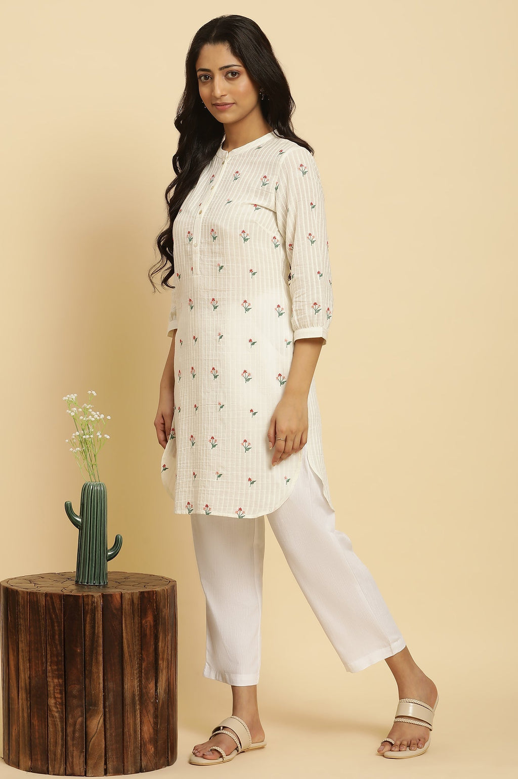 W for Woman White Embroidered Contemporary Tunic | Grocsy