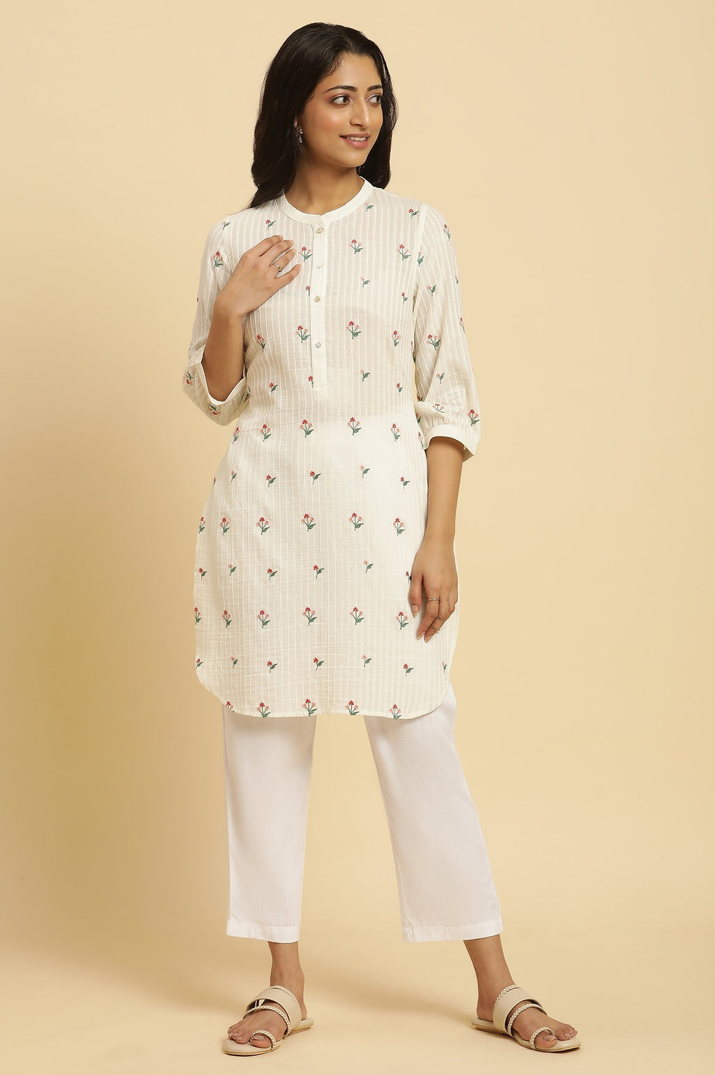W for Woman White Embroidered Contemporary Tunic | Grocsy