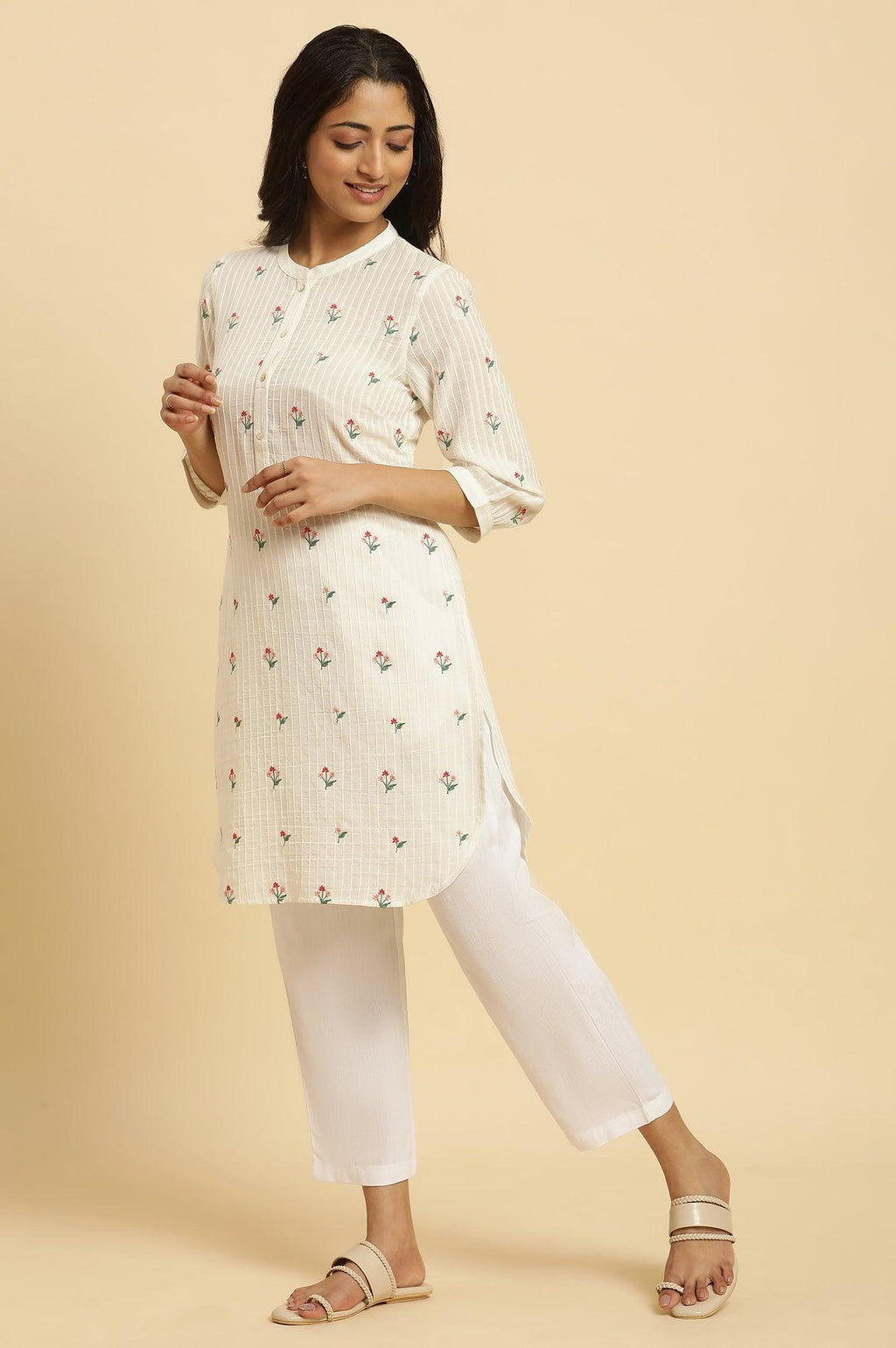 W for Woman White Embroidered Contemporary Tunic | Grocsy