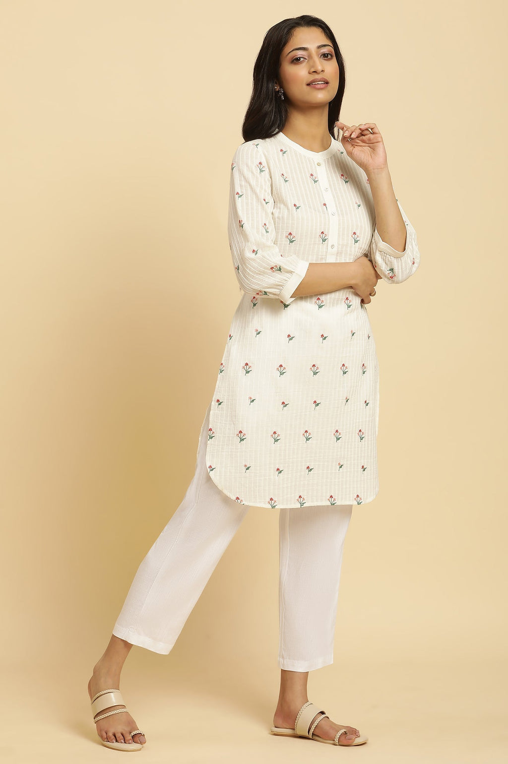 W for Woman White Embroidered Contemporary Tunic | Grocsy