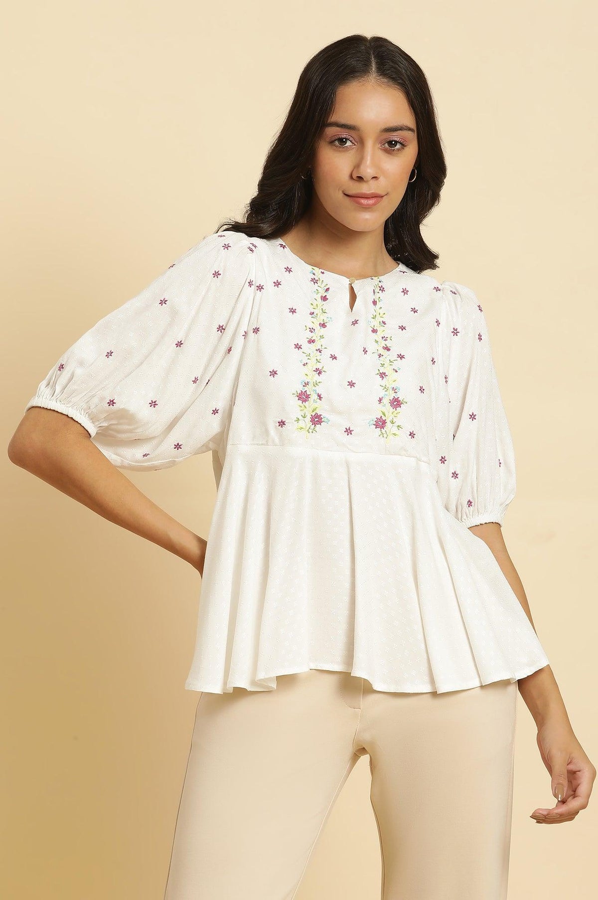 W for Woman White Peplum Cotton Top with Embroidered Yoke | Grocsy
