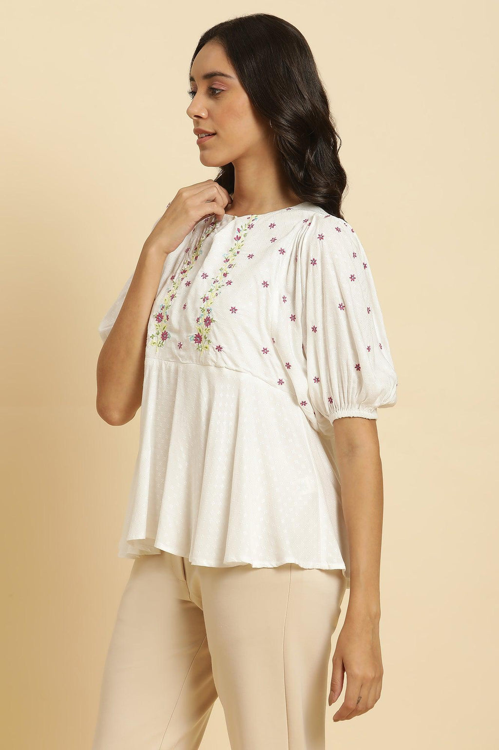 W for Woman White Peplum Cotton Top with Embroidered Yoke | Grocsy