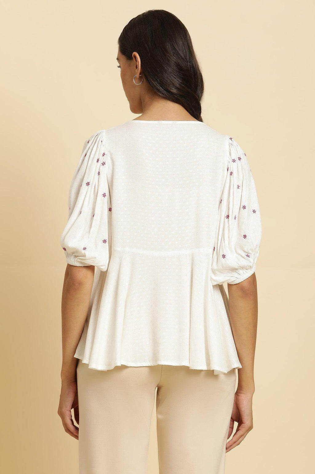 W for Woman White Peplum Cotton Top with Embroidered Yoke | Grocsy