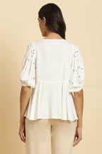 W for Woman White Peplum Cotton Top with Embroidered Yoke | Grocsy