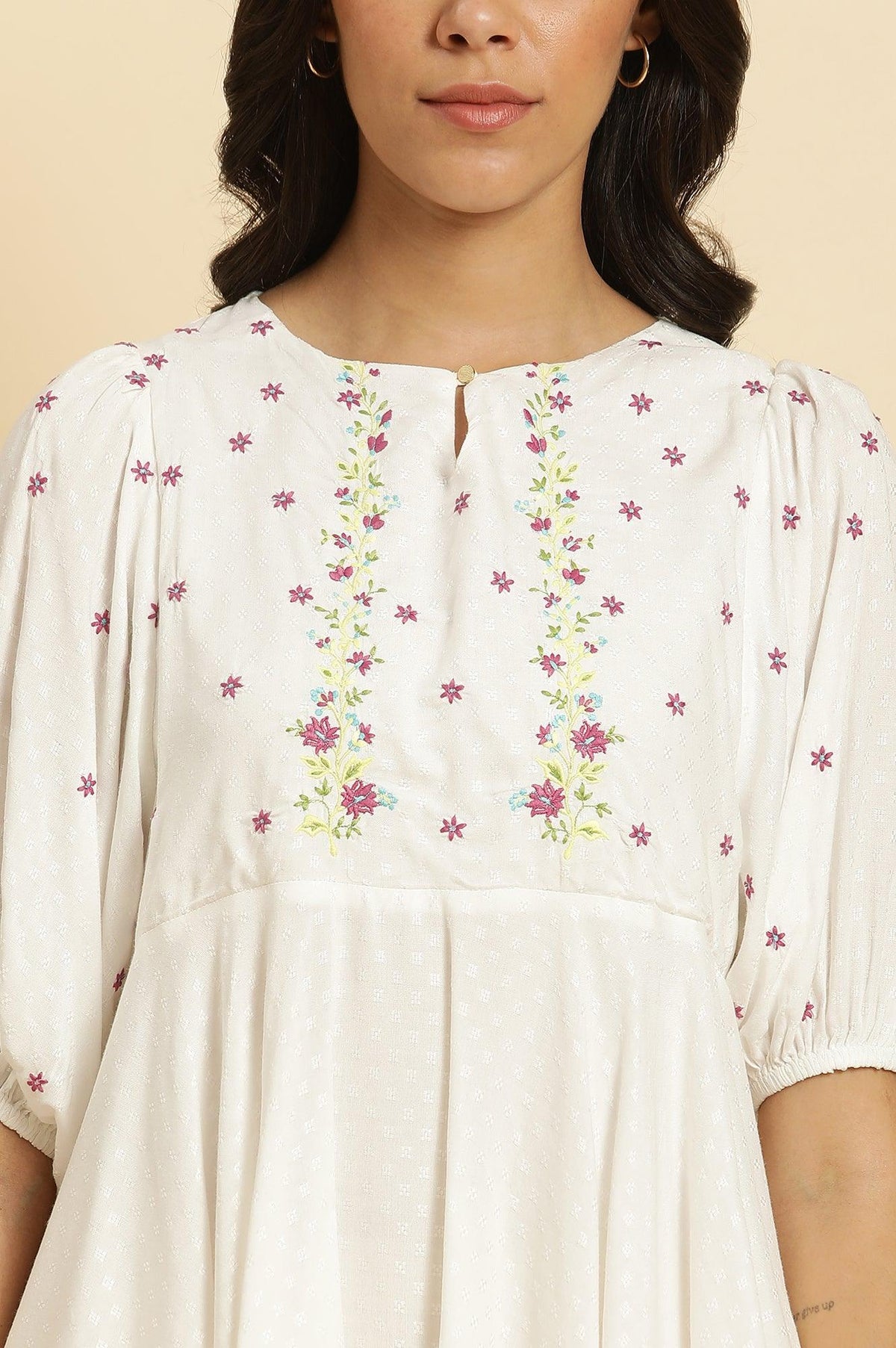 W for Woman White Peplum Cotton Top with Embroidered Yoke | Grocsy