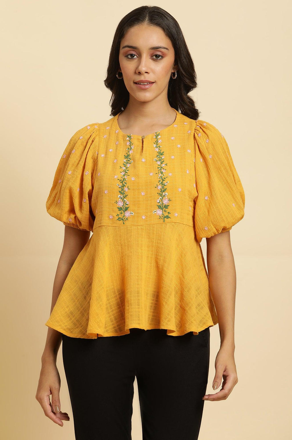 W for Woman Yellow Peplum Top With Embroidered Yoke | Grocsy