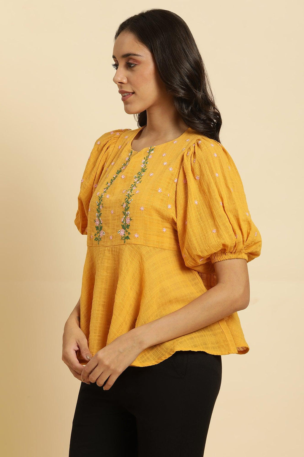 W for Woman Yellow Peplum Top With Embroidered Yoke | Grocsy
