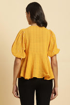 W for Woman Yellow Peplum Top With Embroidered Yoke | Grocsy