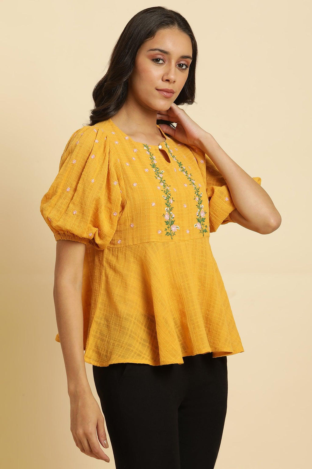 W for Woman Yellow Peplum Top With Embroidered Yoke | Grocsy