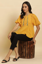 W for Woman Yellow Peplum Top With Embroidered Yoke | Grocsy