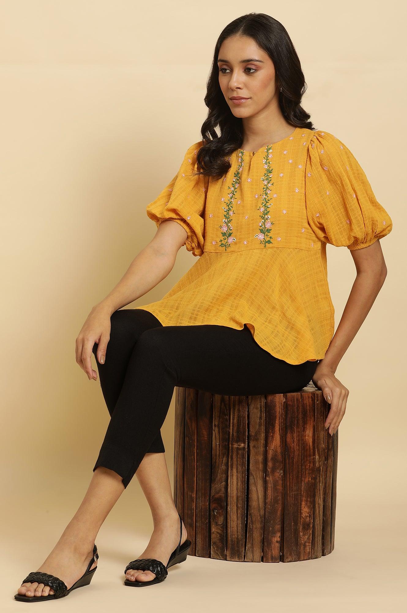 W for Woman Yellow Peplum Top With Embroidered Yoke | Grocsy