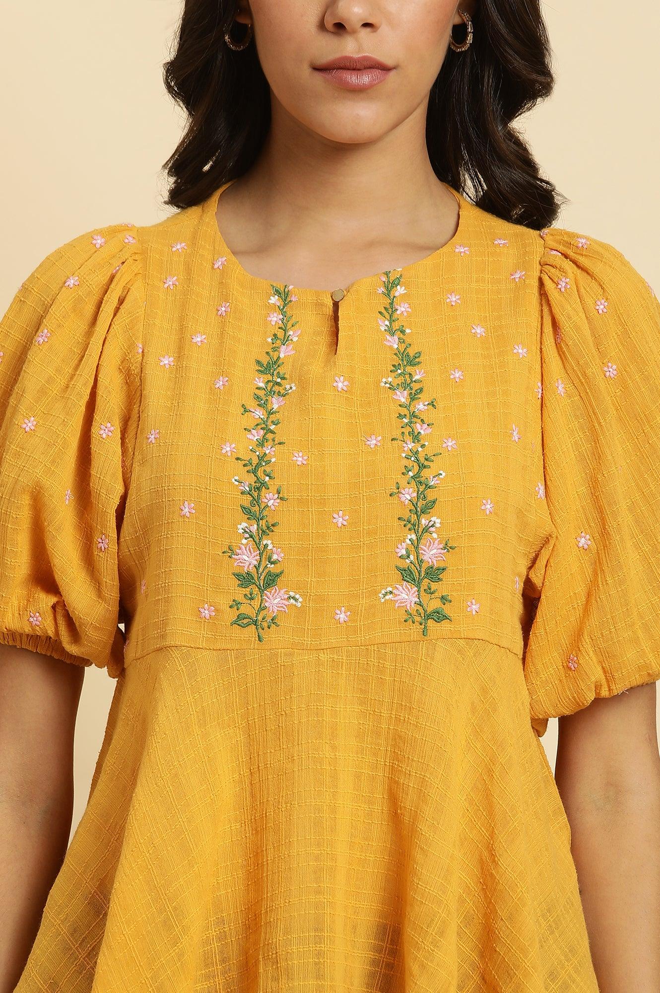 W for Woman Yellow Peplum Top With Embroidered Yoke | Grocsy