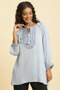 W for Woman Powder Blue Embroidered Yoke Rayon Crepe Straight Top | Grocsy