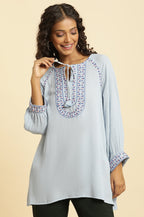 W for Woman Powder Blue Embroidered Yoke Rayon Crepe Straight Top | Grocsy