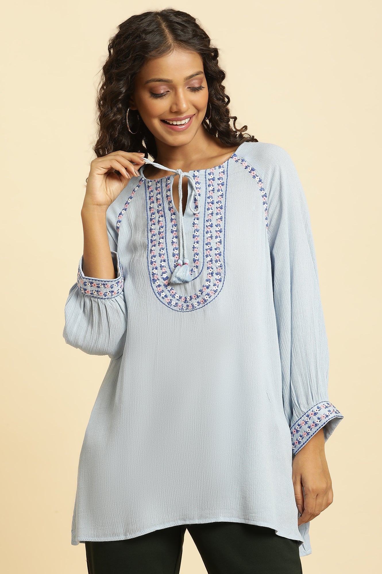 W for Woman Powder Blue Embroidered Yoke Rayon Crepe Straight Top | Grocsy
