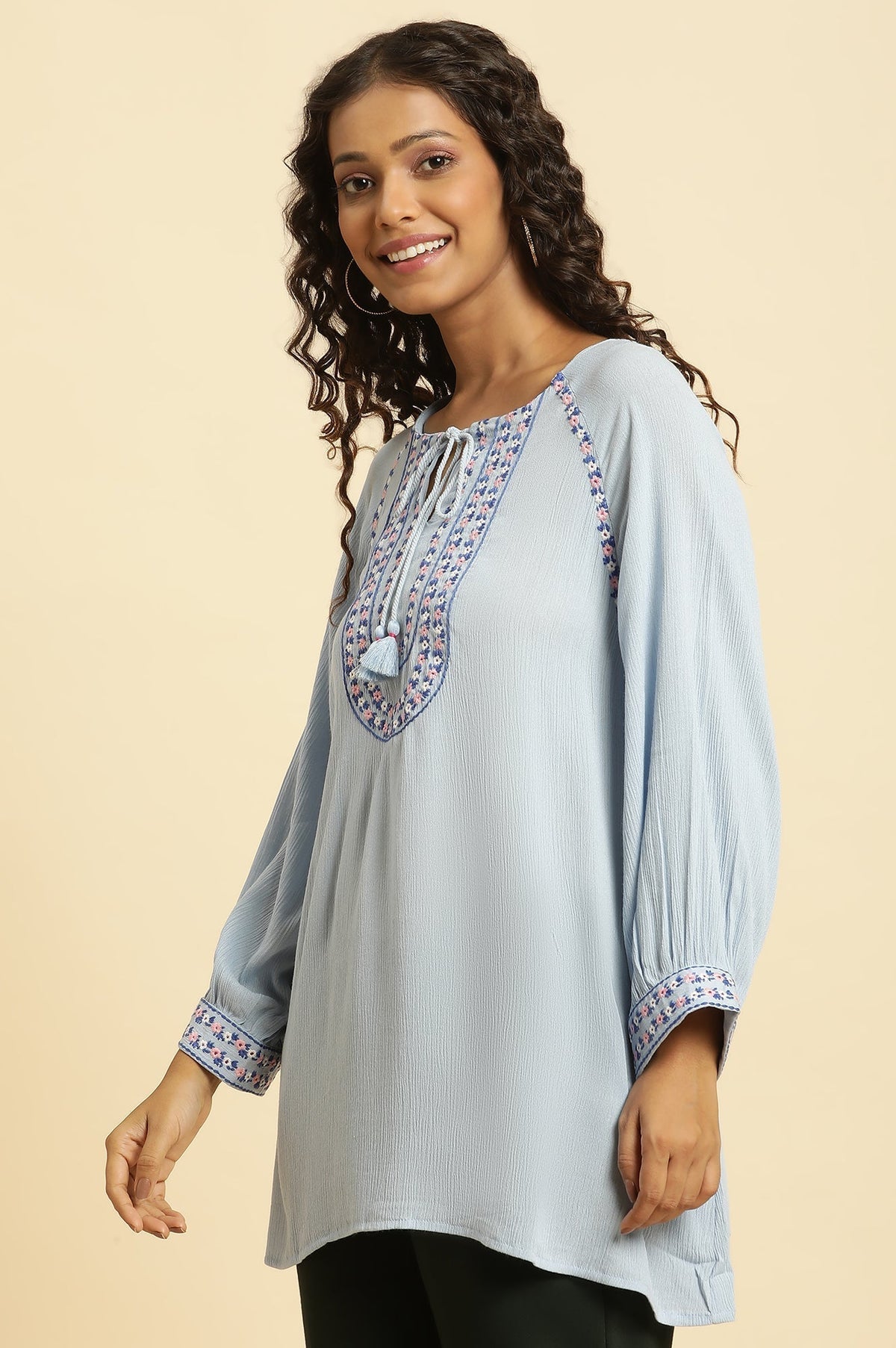 W for Woman Powder Blue Embroidered Yoke Rayon Crepe Straight Top | Grocsy