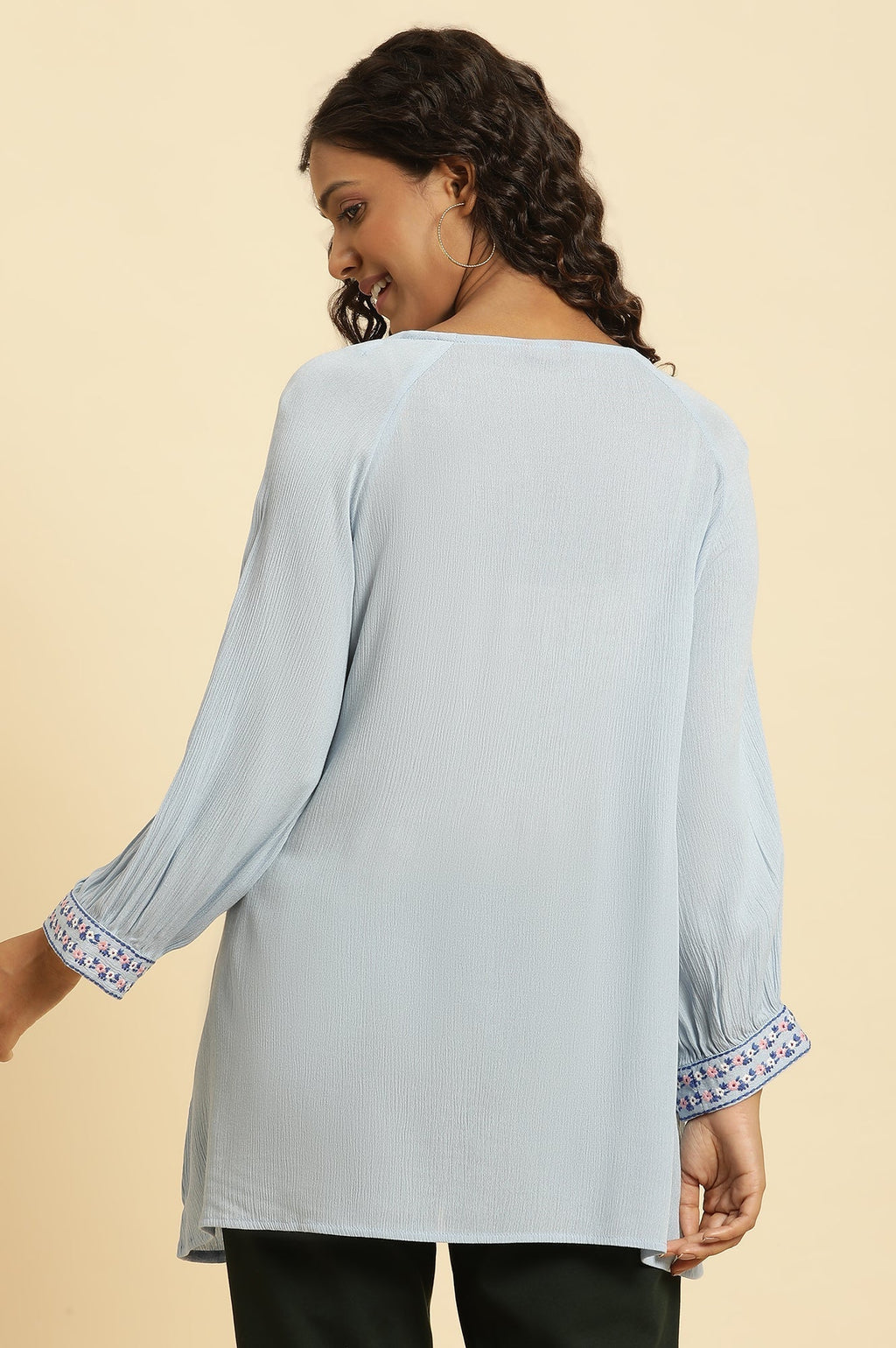 W for Woman Powder Blue Embroidered Yoke Rayon Crepe Straight Top | Grocsy