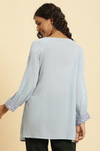W for Woman Powder Blue Embroidered Yoke Rayon Crepe Straight Top | Grocsy