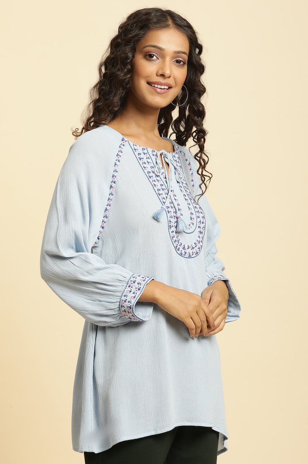W for Woman Powder Blue Top With Embroidered Yoke | Grocsy