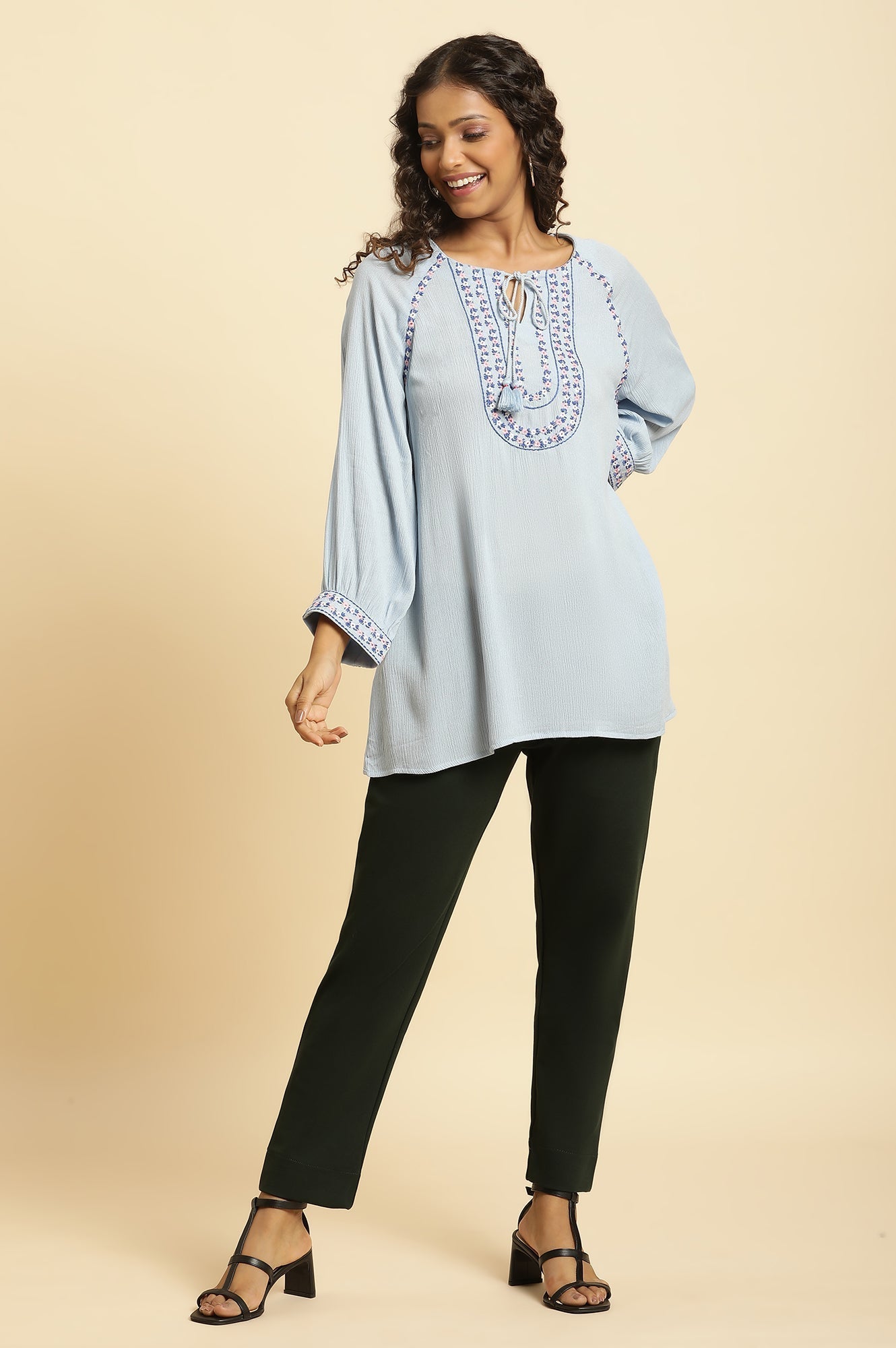 W for Woman Powder Blue Top With Embroidered Yoke | Grocsy