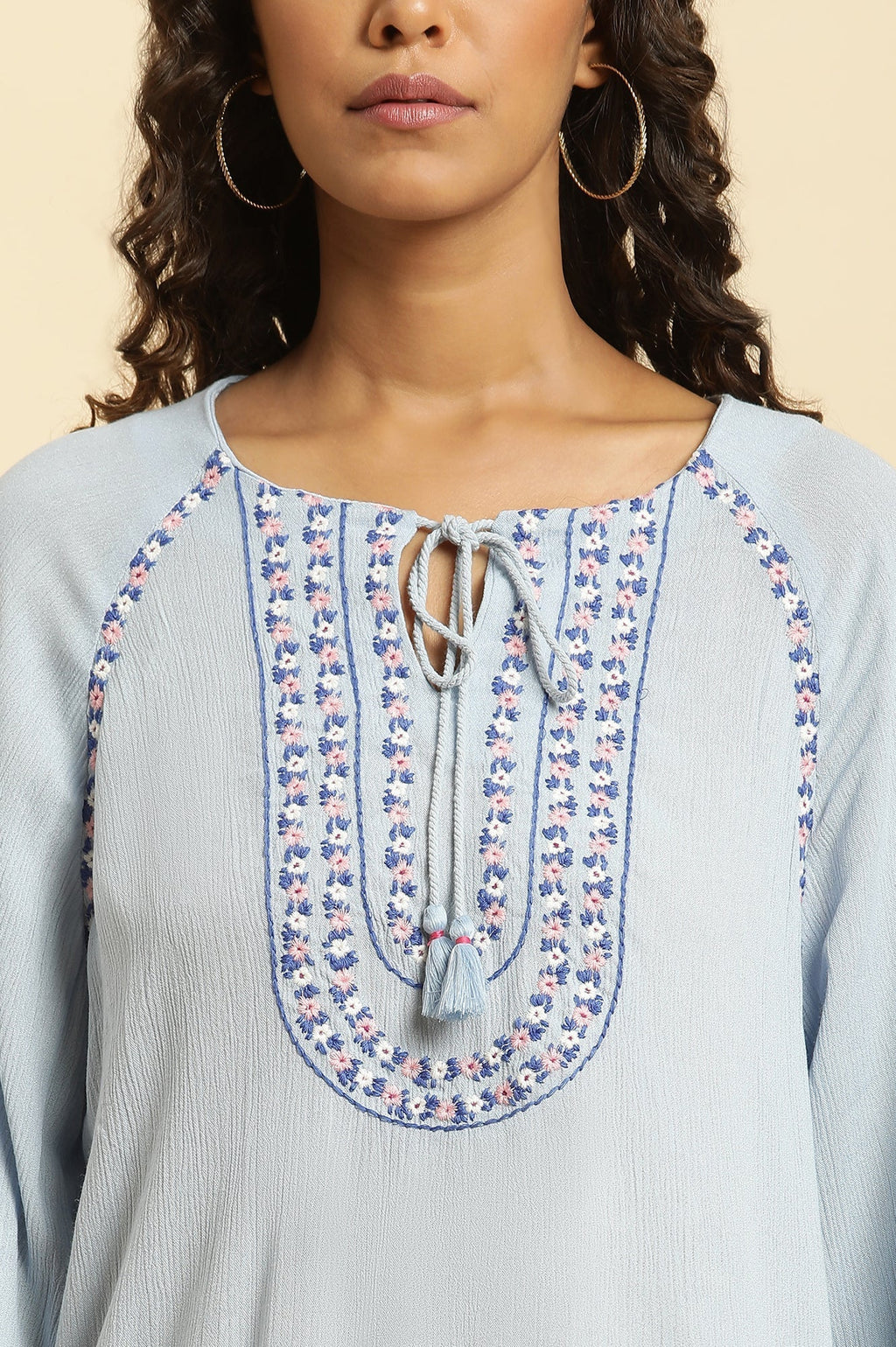 W for Woman Powder Blue Embroidered Yoke Rayon Crepe Straight Top | Grocsy