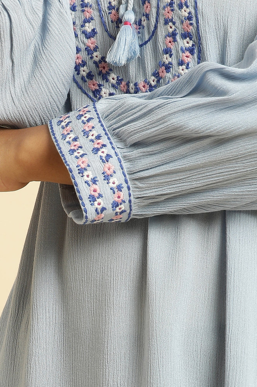 W for Woman Powder Blue Embroidered Yoke Rayon Crepe Straight Top | Grocsy