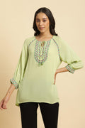 W for Woman Sage Green Embroidered Yoke Rayon Crepe Straight Top | Grocsy