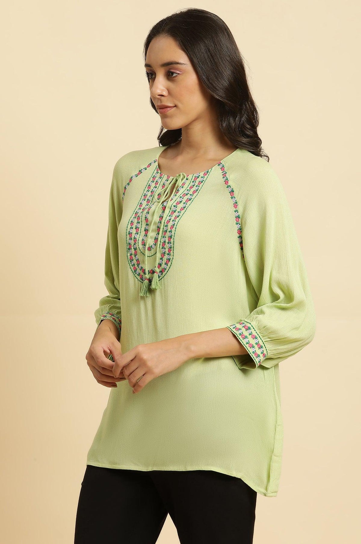 W for Woman Sage Green Embroidered Yoke Rayon Crepe Straight Top | Grocsy