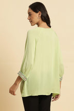 W for Woman Sage Green Embroidered Yoke Rayon Crepe Straight Top | Grocsy