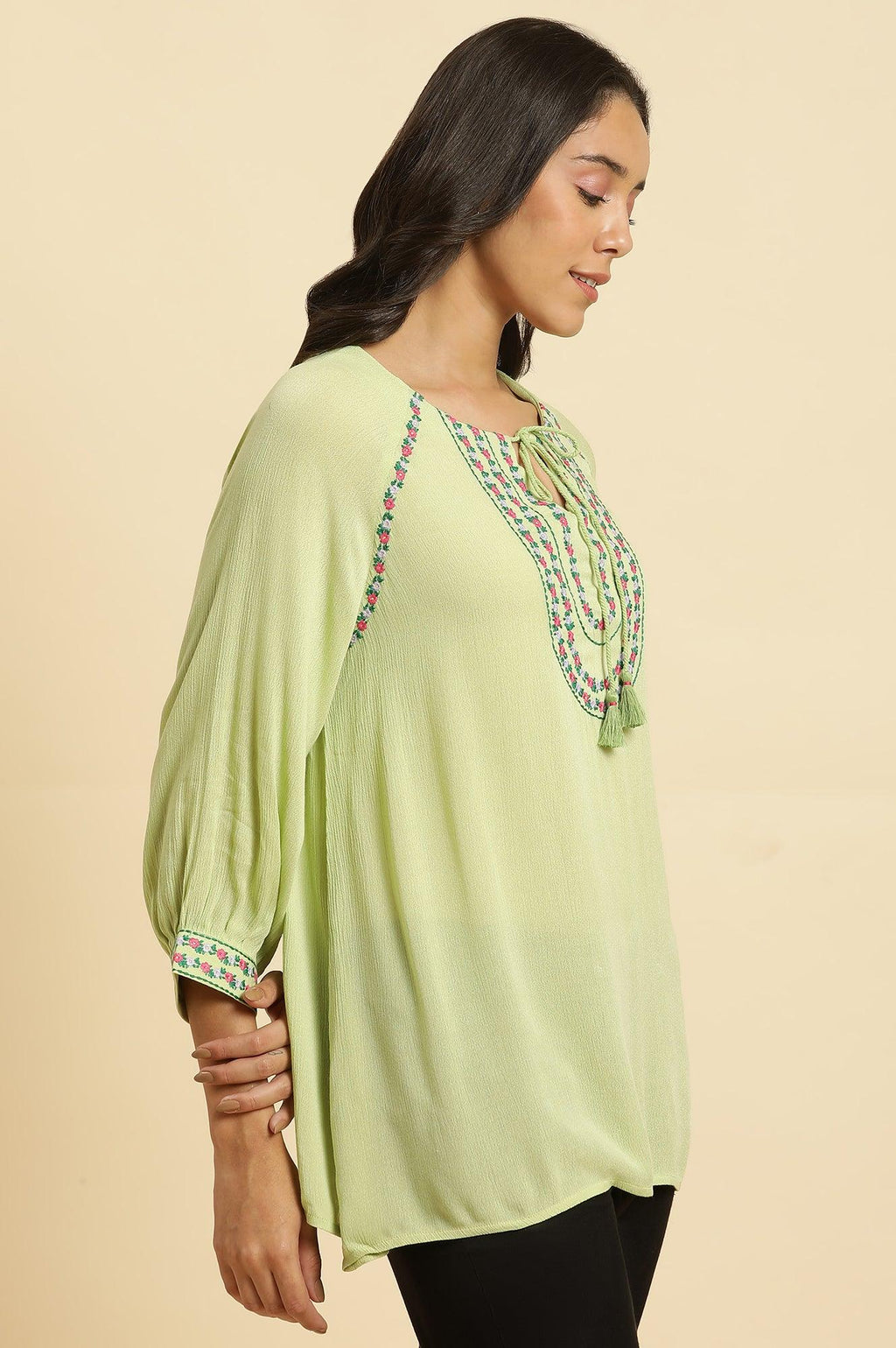 W for Woman Sage Green Embroidered Yoke Rayon Crepe Straight Top | Grocsy