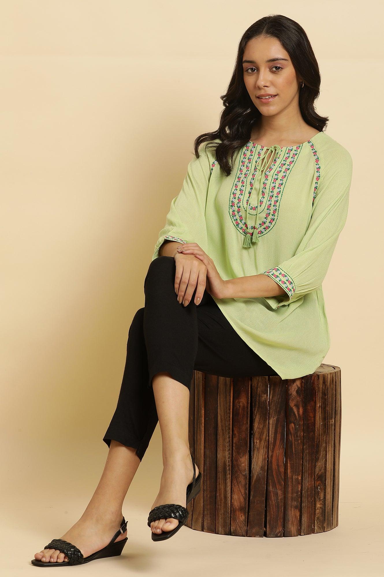 W for Woman Sage Green Embroidered Yoke Rayon Crepe Straight Top | Grocsy
