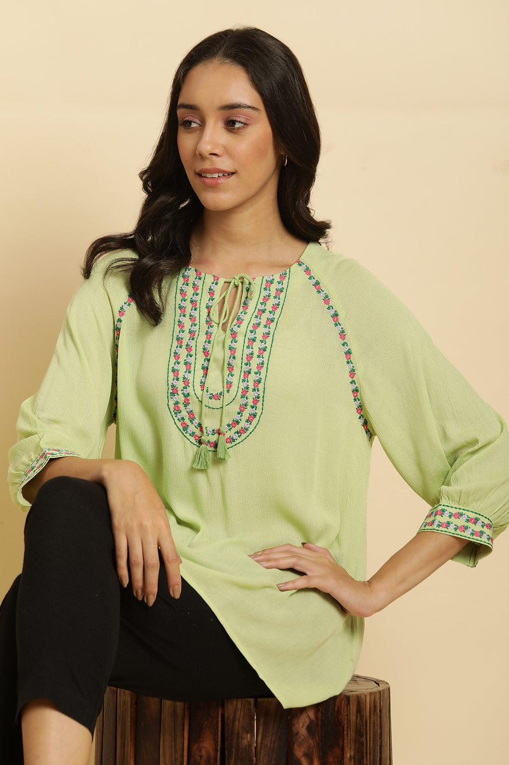 W for Woman Sage Green Embroidered Yoke Rayon Crepe Straight Top | Grocsy