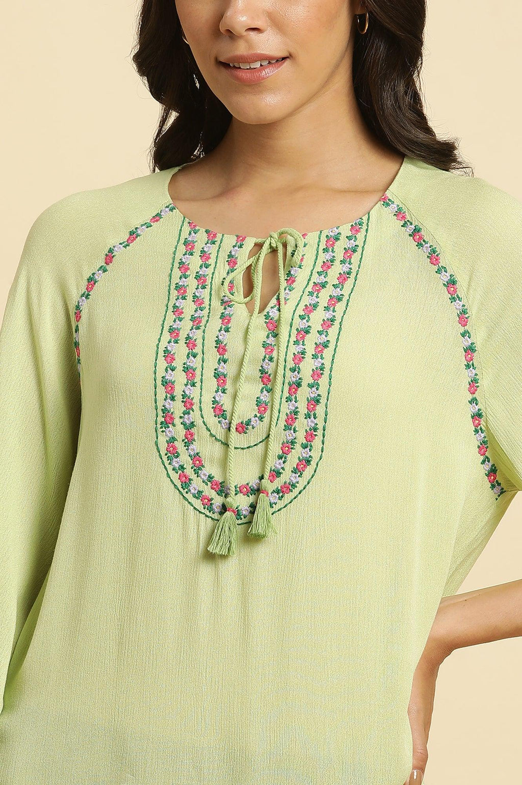 W for Woman Sage Green Embroidered Yoke Rayon Crepe Straight Top | Grocsy