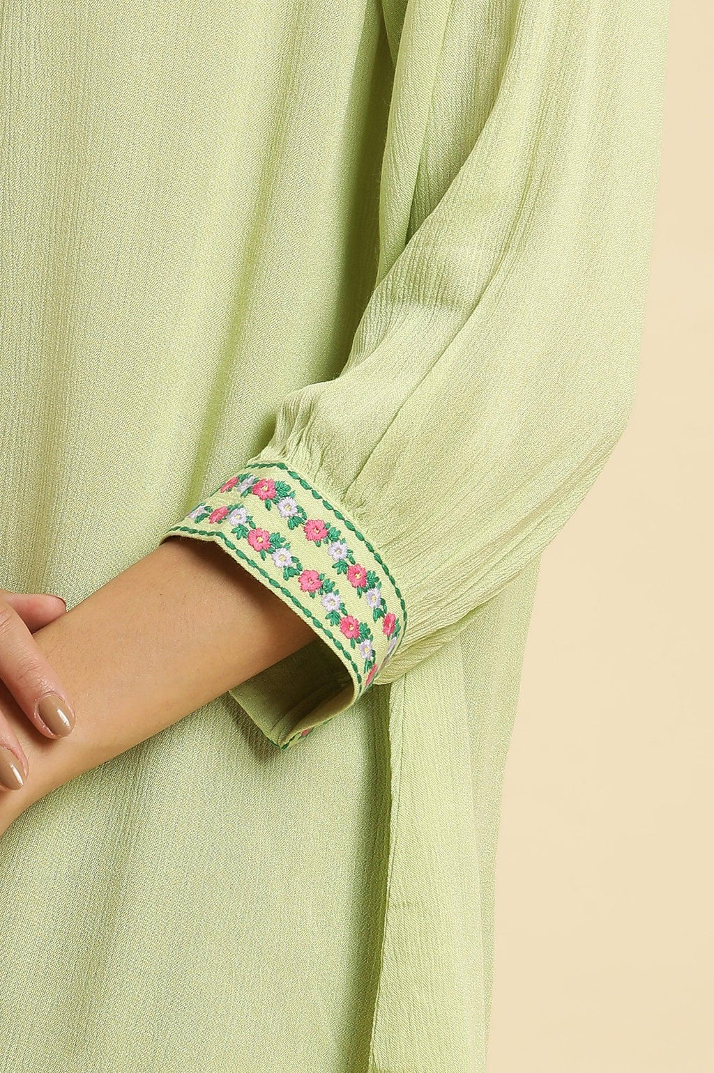 W for Woman Sage Green Embroidered Yoke Rayon Crepe Straight Top | Grocsy