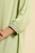 W for Woman Sage Green Embroidered Yoke Rayon Crepe Straight Top | Grocsy